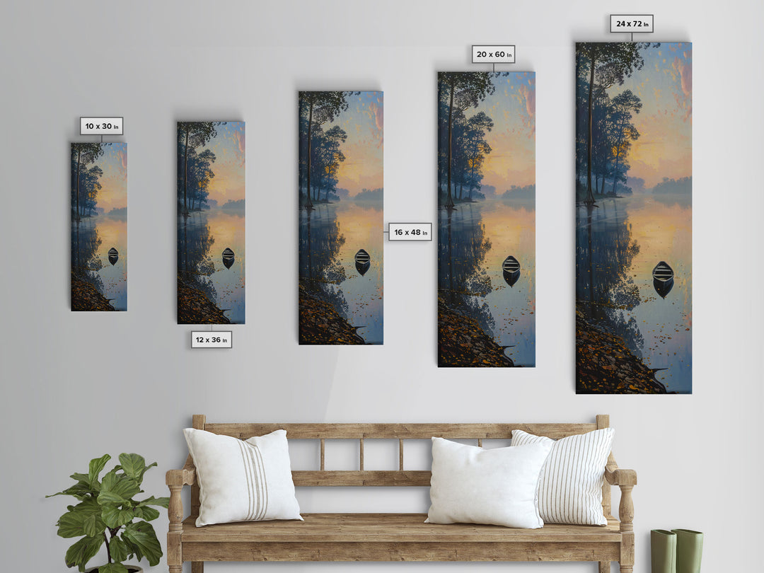 Calm River Reflection with a Lone Boat, Skinny and Tall Art, Serene Landscape Framed Canvas Print, Tranquil Wall Art