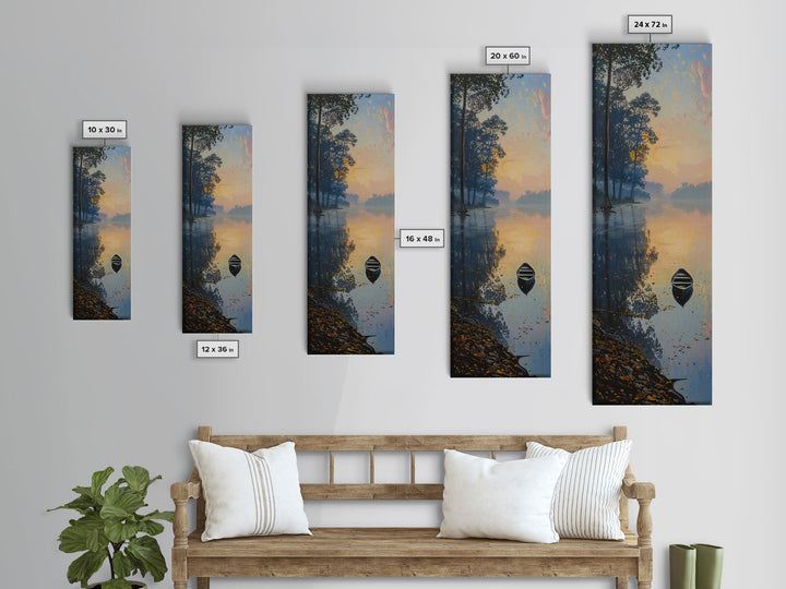 Calm River Reflection with a Lone Boat, Skinny and Tall Art, Serene Landscape Framed Canvas Print, Tranquil Wall Art