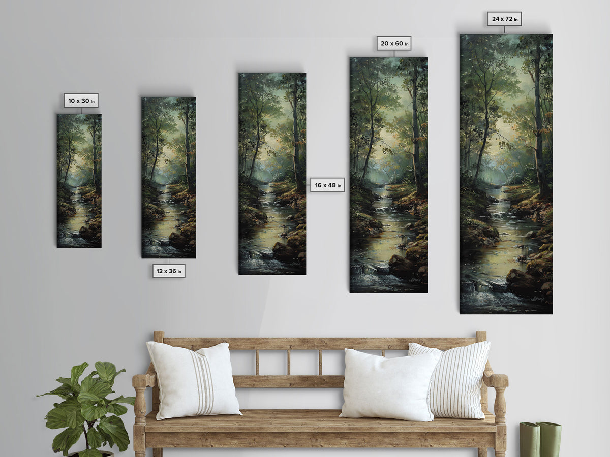 Peaceful Forest Stream in the Early Morning Light, Skinny and Tall Art, Framed Canvas Print, Cozy Wall Art Decor