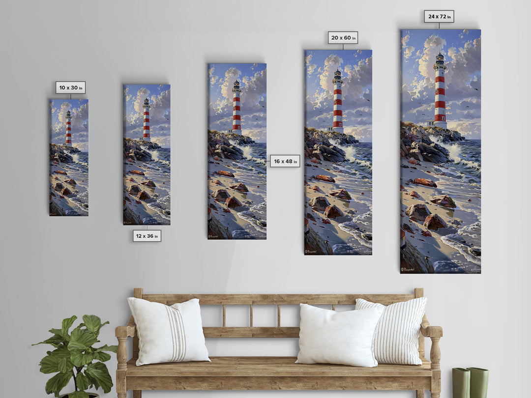 Framed Canvas Print Skinny Art of a Majestic Lighthouse Standing Tall Against a Bright Blue Sky with Waves Crashing on Rocky Shores, Perfect Tall Art