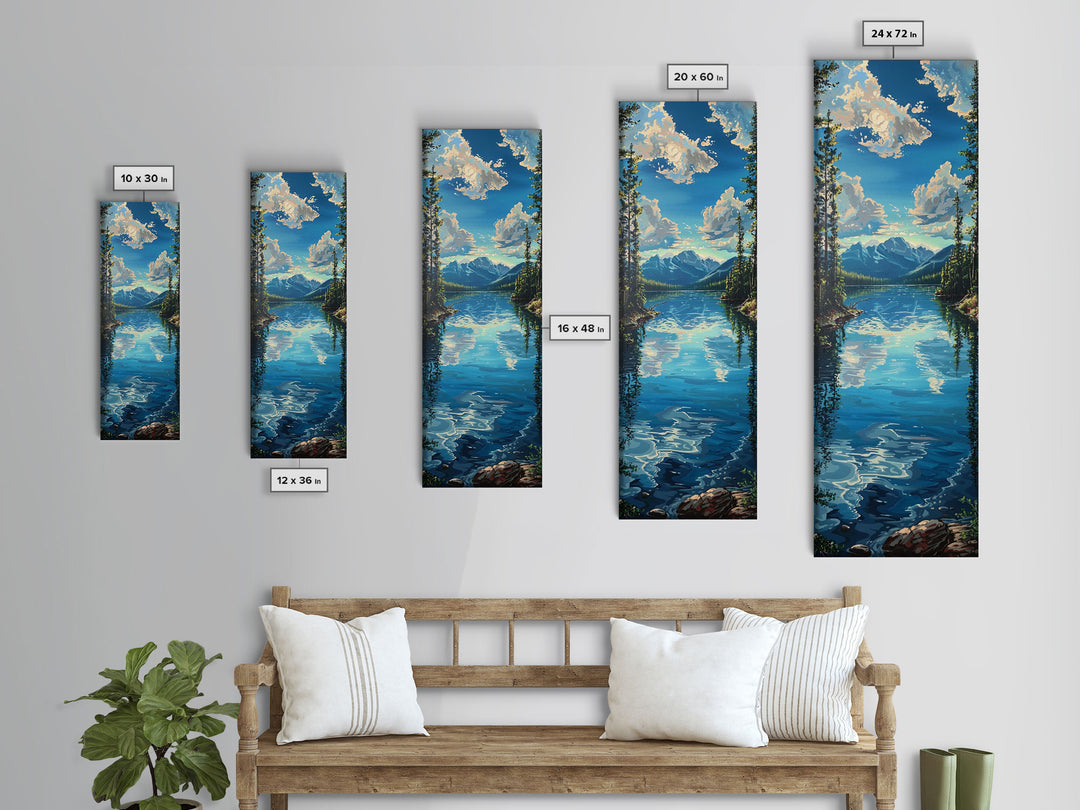 Framed Canvas Print Skinny Art of a Clear Lake Surrounded by Pine Trees with Majestic Mountains in the Distance Under a Blue Sky, Ideal Tall Landscape Art