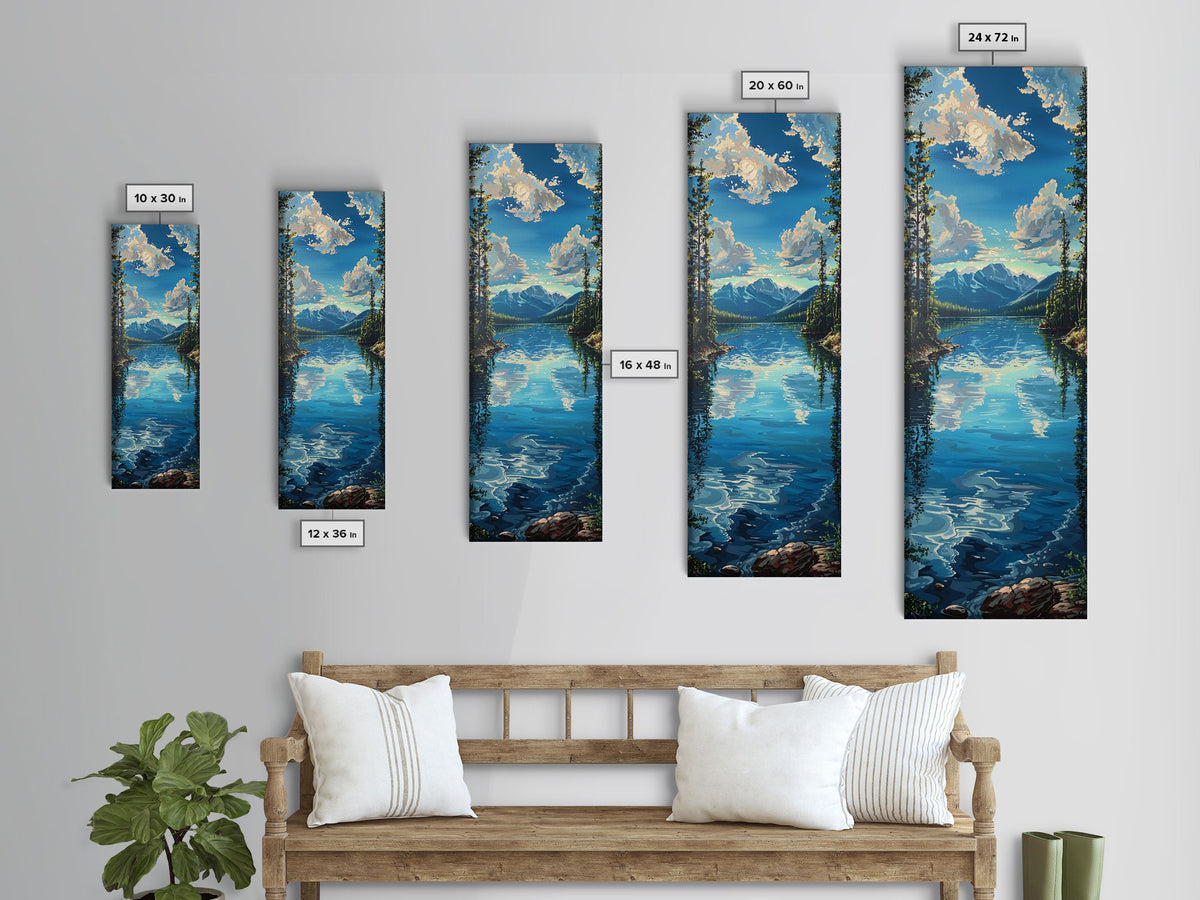 Framed Canvas Print Skinny Art of a Clear Lake Surrounded by Pine Trees with Majestic Mountains in the Distance Under a Blue Sky, Ideal Tall Landscape Art