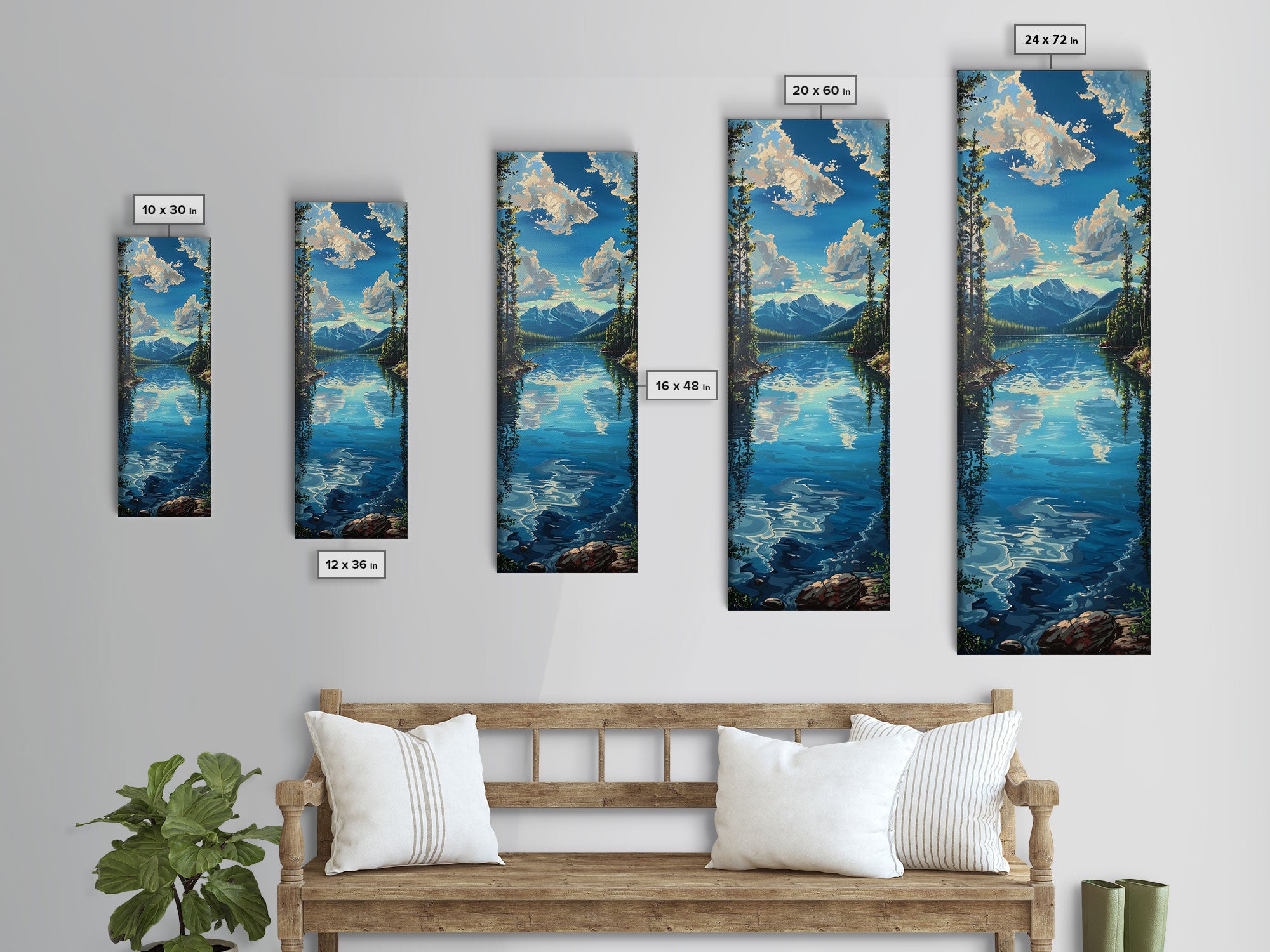 Framed Canvas Print Skinny Art of a Clear Lake Surrounded by Pine Trees with Majestic Mountains in the Distance Under a Blue Sky, Ideal Tall Landscape Art