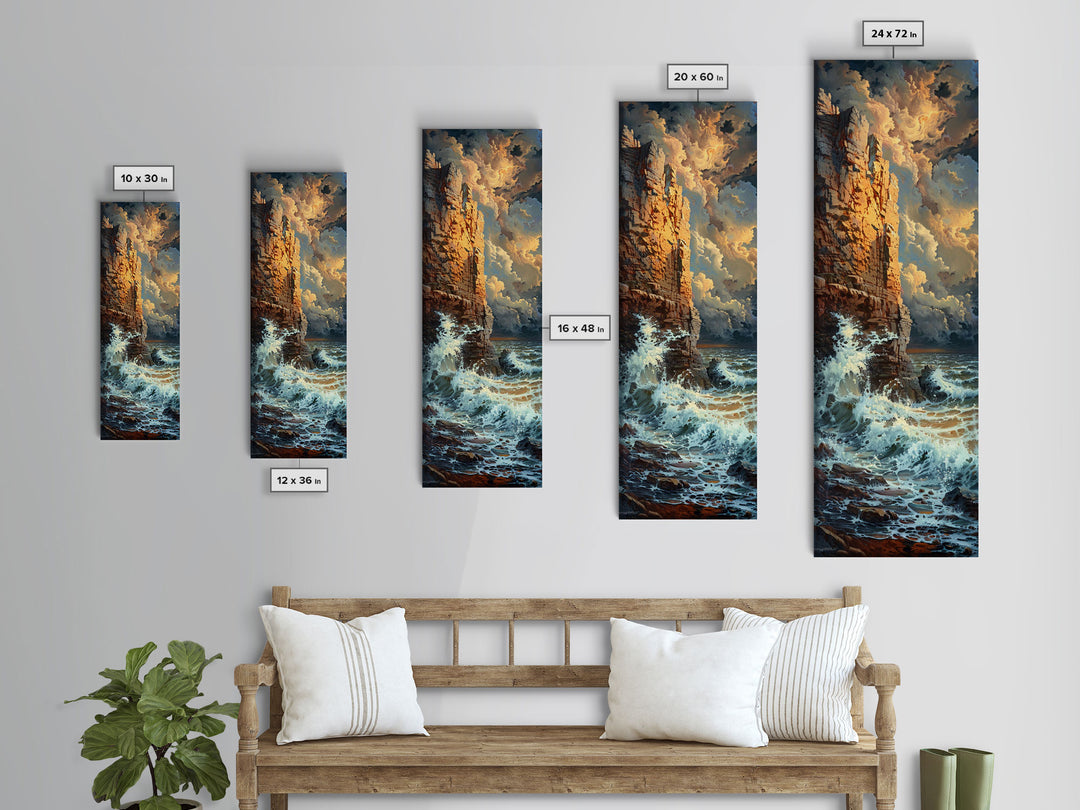 Majestic Cliffside and Crashing Waves in a Coastal Landscape on a Framed Canvas Print Tall Art Piece