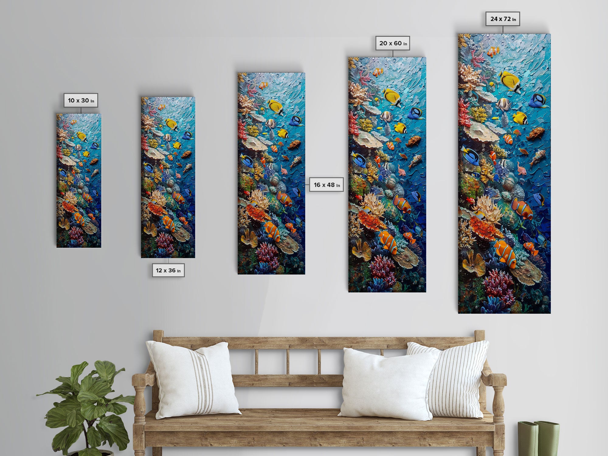 Vibrant Coral Reef Underwater Scene Featuring Diverse Tropical Fish on a Framed Canvas Print Skinny Art Piece