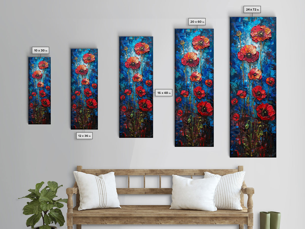 Red Poppies on Textured Blue Canvas as Tall Skinny Art Framed Canvas Print Perfect for Bold Wall Decor in Modern Spaces