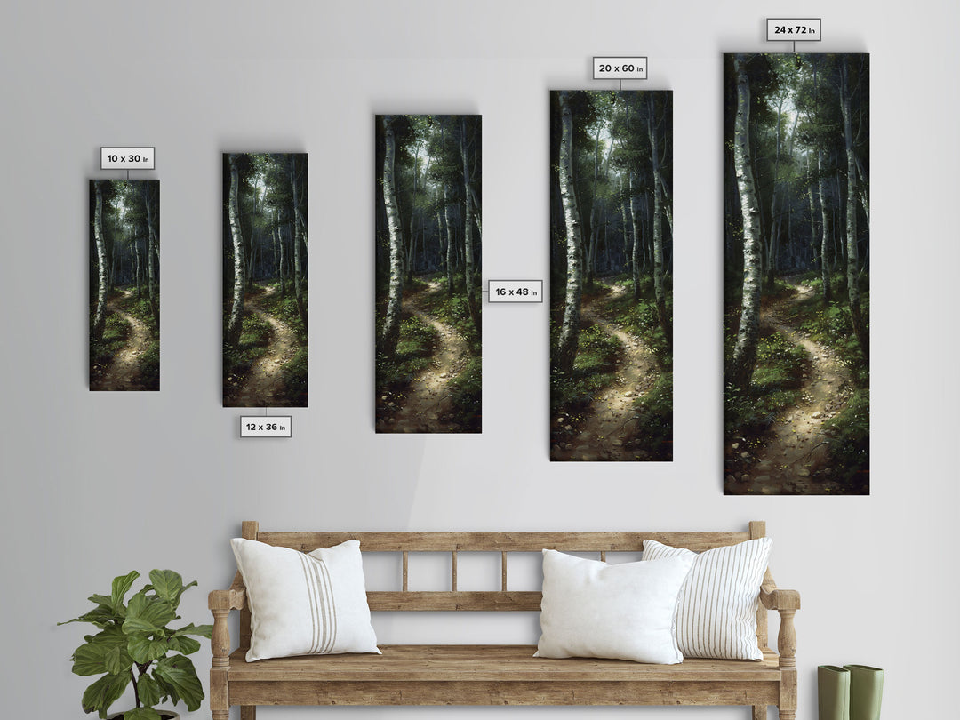 Mysterious Birch Forest Path Tall Skinny Art Framed Canvas Print for Serene and Calming Wall Decor in Homes or Offices