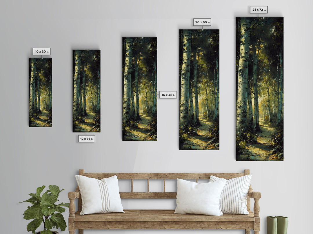 Serene Birch Tree Pathway in Tall Skinny Art Framed Canvas Print Perfect for Tranquil Wall Decor in Bedrooms or Study Rooms