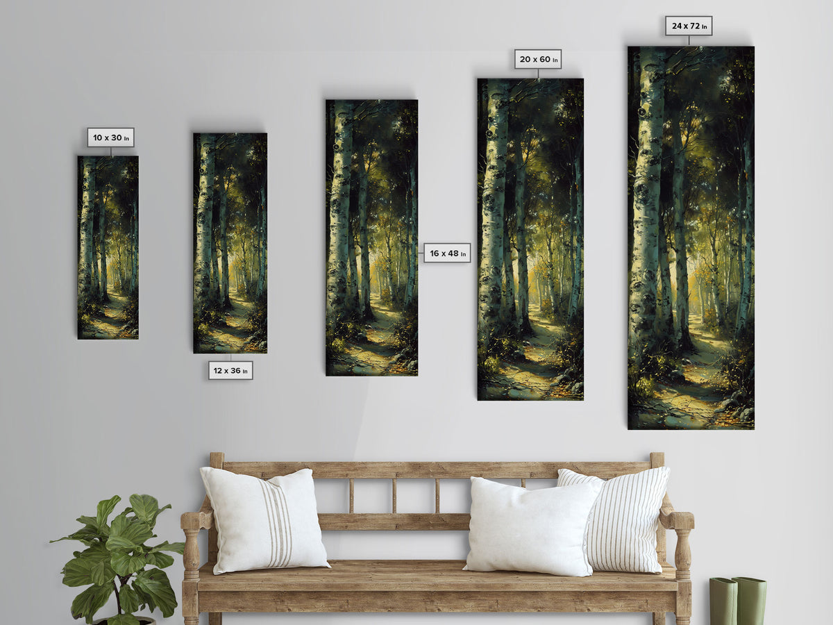 Serene Birch Tree Pathway in Tall Skinny Art Framed Canvas Print Perfect for Tranquil Wall Decor in Bedrooms or Study Rooms