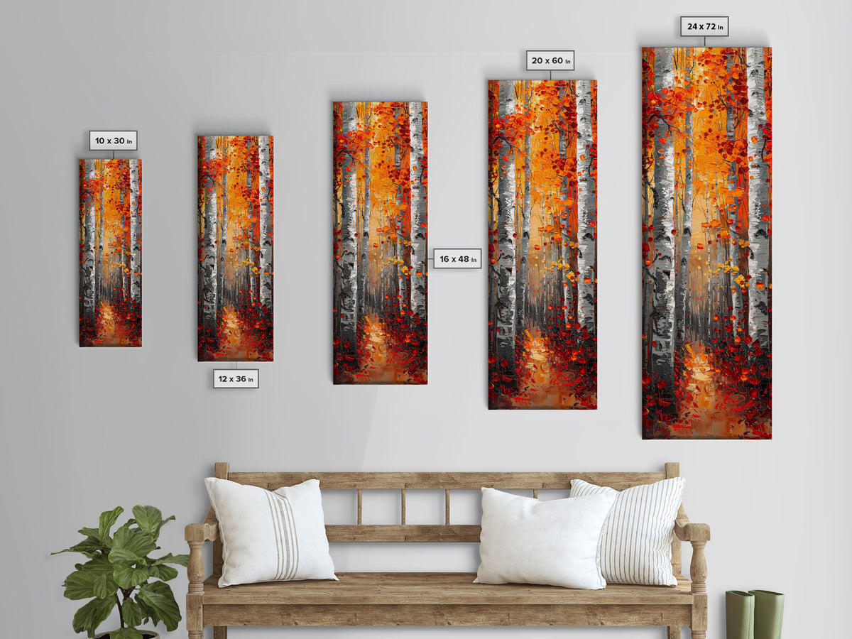 Fall Birch Tree Forest, Framed Canvas Print, Skinny / Tall Wall Art, Living Room Decor, Landscape Painting, Nature Decor