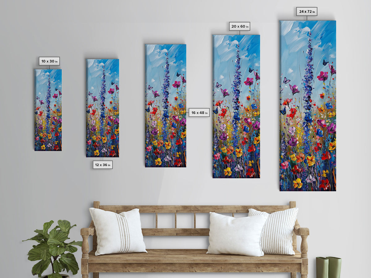 Butterflies and Wildflowers, Framed Canvas print, Wood Framed Art, Living Room Decor, Skinny Art, Boho Style Minimalist Wall Art