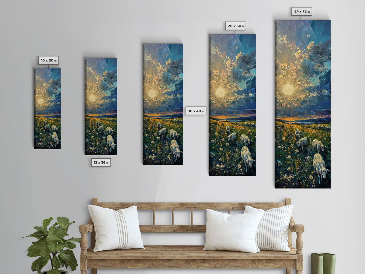 Lambs At Sunset Farmhouse Decor, Framed Canvas Print, Unique Wall Art, Skinny Art, Tall Wall Art, Art For Small Spaces