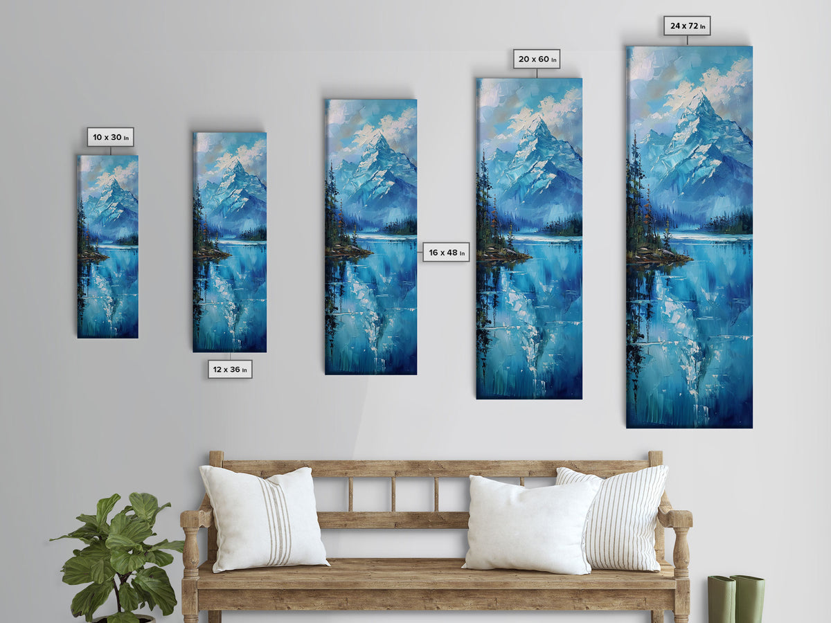 Mountain Reflections In The Lake Framed Canvas Print, Boho Style Oil Painting Print, Minimalist Decor, Unique Gift Idea, Skinny Art For Small Spaces