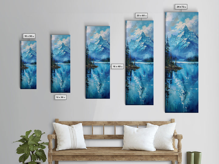 Mountain Reflections In The Lake Framed Canvas Print, Boho Style Oil Painting Print, Minimalist Decor, Unique Gift Idea, Skinny Art For Small Spaces