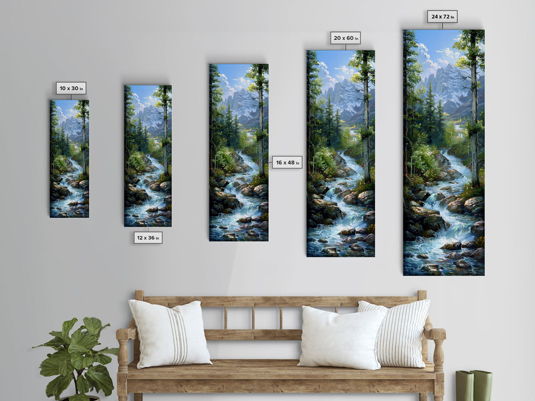 Majestic Mountain Stream In A Serene Forest Landscape, Farmhouse And Minimalist Art Style, Boho Wall Art In Tall Canvas Print