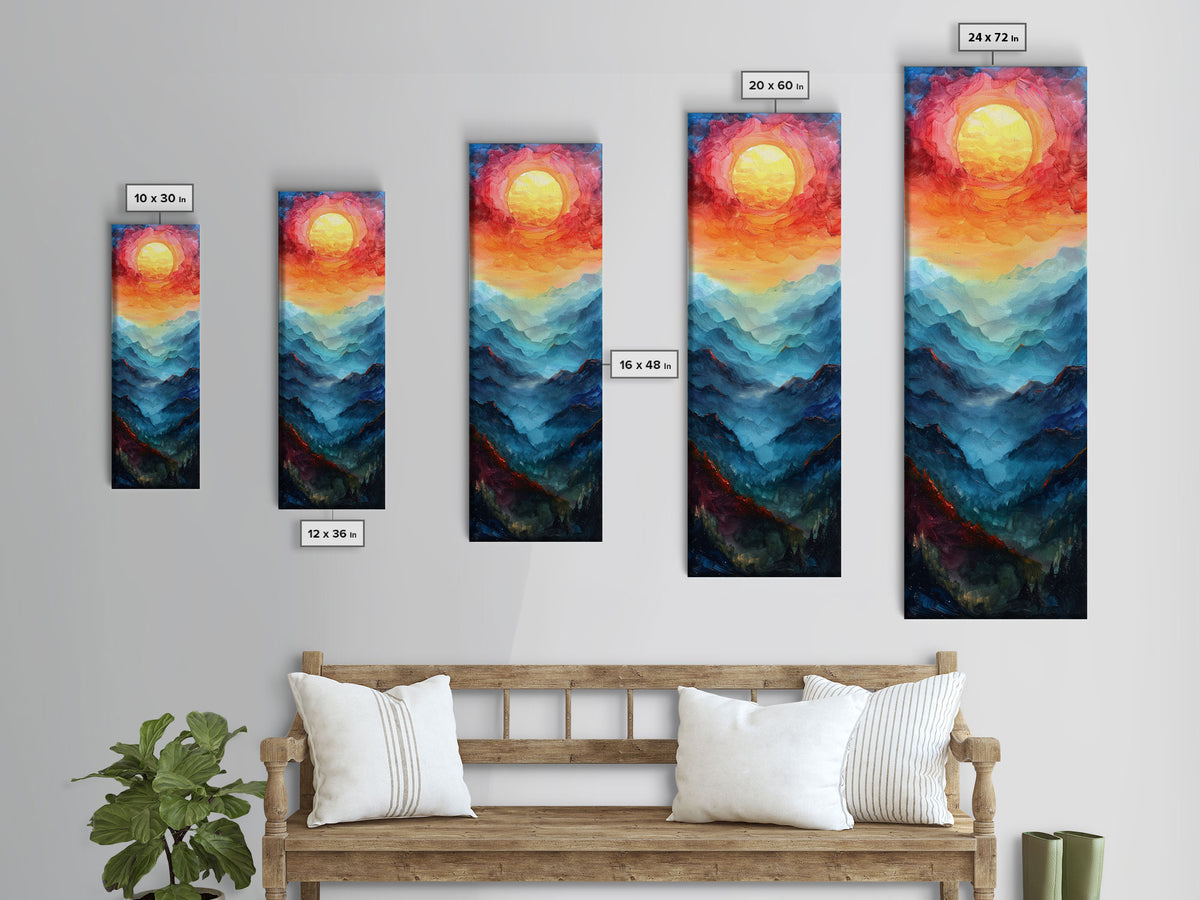Majestic Sunrise Over Mountain Range Boho Sunset Landscape Framed Canvas Print Tall Art Japanese Style Art
