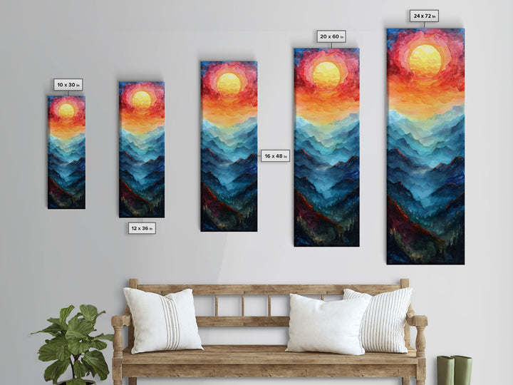 Majestic Sunrise Over Mountain Range Boho Sunset Landscape Framed Canvas Print Tall Art Japanese Style Art