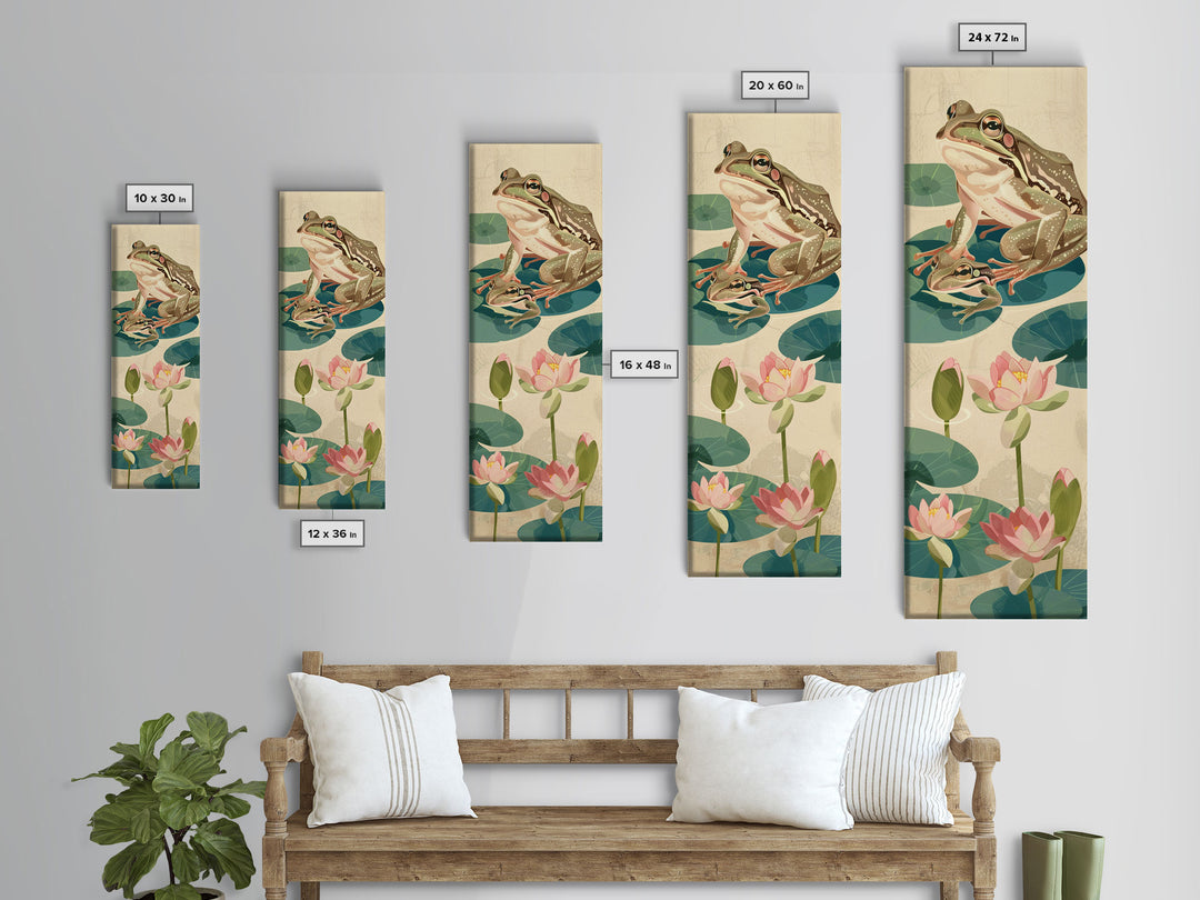 Frogs On Lily Pads Canvas In Japanese Ukiyo-e Style, Traditional Woodblock Print, Framed Canvas Print, Tall Skinny Japanese Wall Art, Ready To Hang
