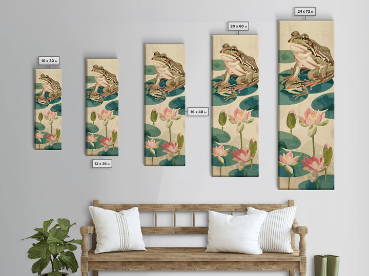 Frogs On Lily Pads Canvas In Japanese Ukiyo-e Style, Traditional Woodblock Print, Framed Canvas Print, Tall Skinny Japanese Wall Art, Ready To Hang