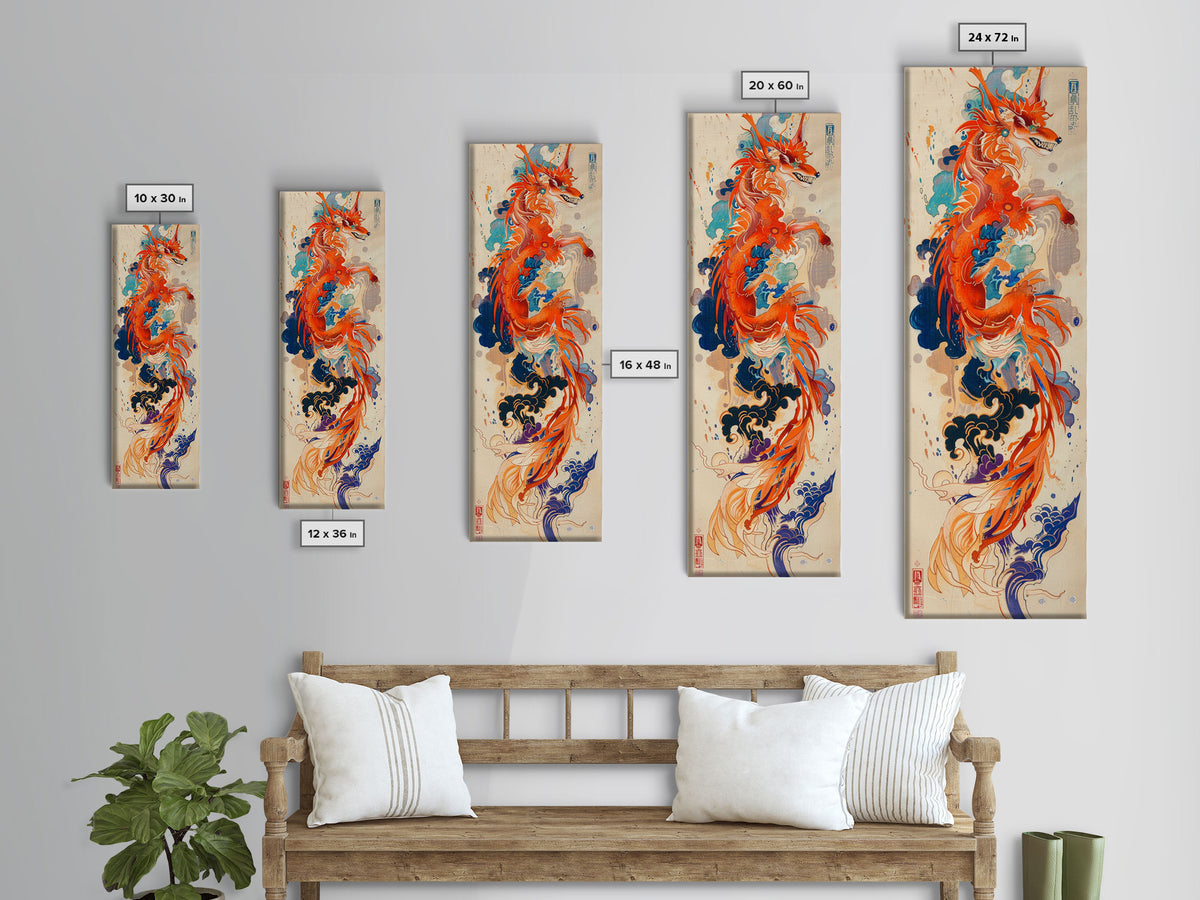 Majestic Red Dragon Soars Skinny Art Tall Art Japanese Ukiyo-e Inspired Mythical Creature Framed Canvas Print