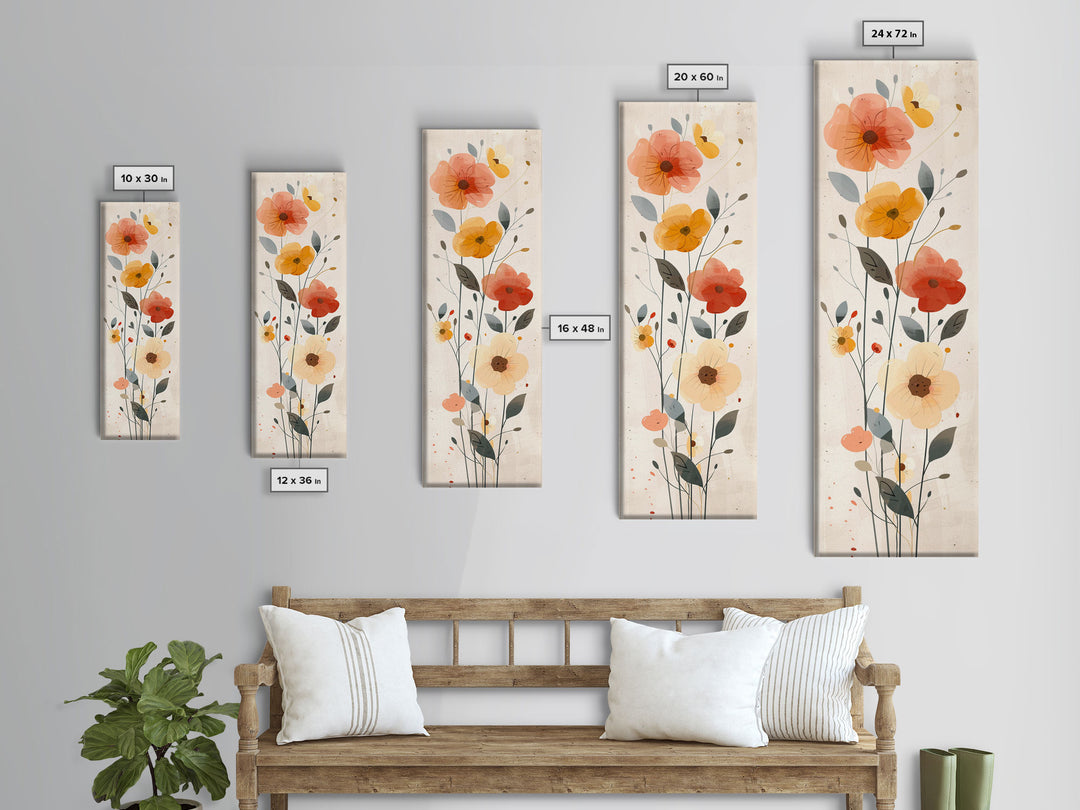 Delicate Poppy Flowers Skinny Art Tall Art Japanese Ukiyo-e Inspired Floral Print Framed Canvas Wall Art