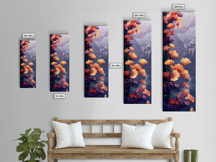Ethereal Autumn Ginkgo Leaves Skinny Art Tall Art Japanese Ukiyo-e Inspired Botanical Framed Canvas Print