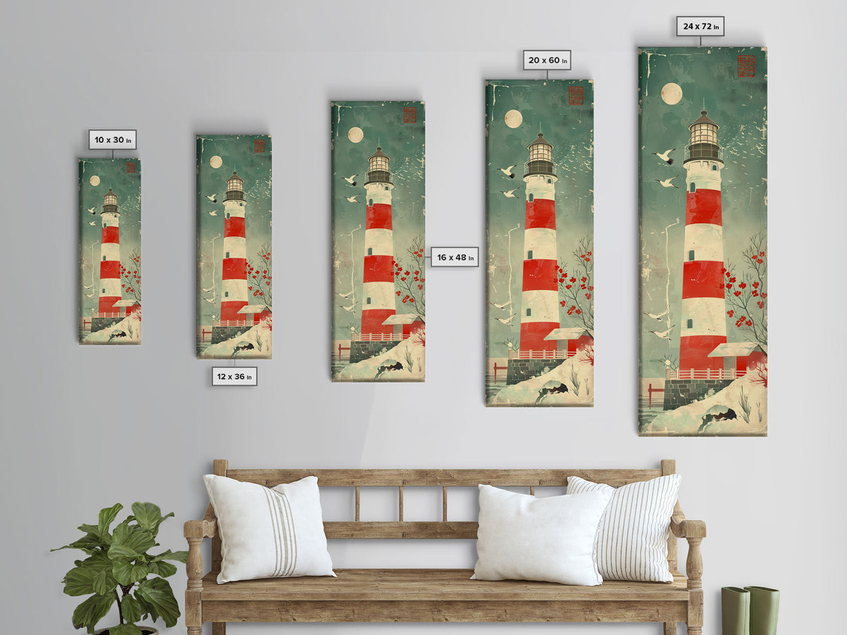 Japanese Woodblock Print Of A Traditional Lighthouse Surrounded By Seagulls Framed Canvas Print Ready To Hang For Wall Art Decor