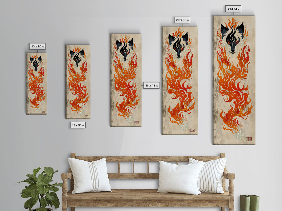 Fiery Kitsune Spirit Skinny Art Tall Art Japanese Ukiyo-e Inspired Mythical Creature Framed Canvas Print