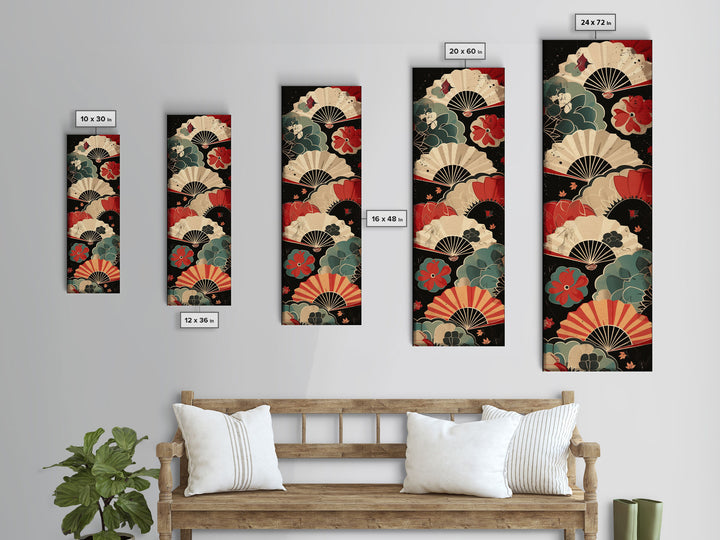 Japanese-Inspired Fan Art in Bold Red and Cream Accents on Tall Vertical Canvas Print Featuring Elegant Floral Design