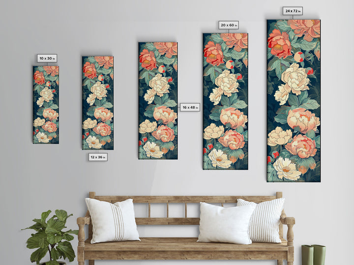 Delicate Peony Blossoms in Soft Pastel Hues on Japanese-Inspired Tall Vertical Canvas Print for Elegant Floral Decor