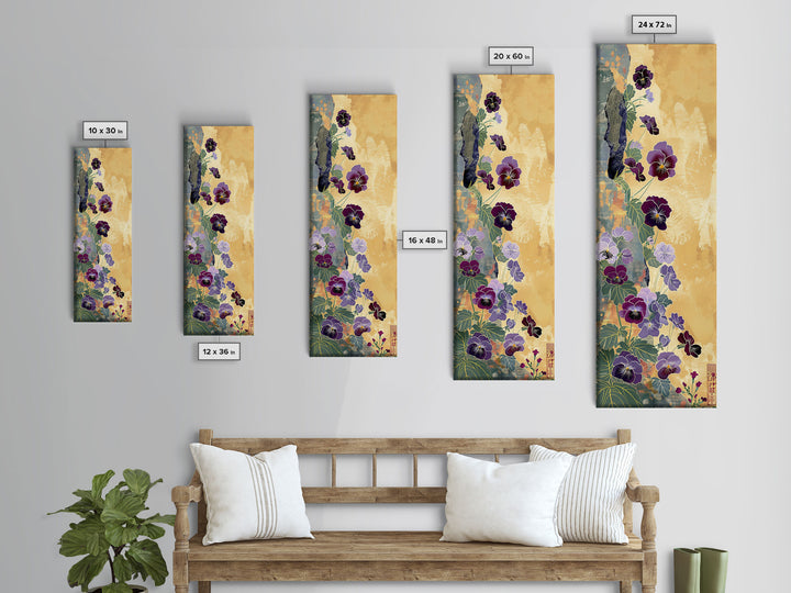 Deep Purple Pansy Flowers Against Textured Gold Background on Tall Vertical Canvas Print for Rich Floral Wall Decor