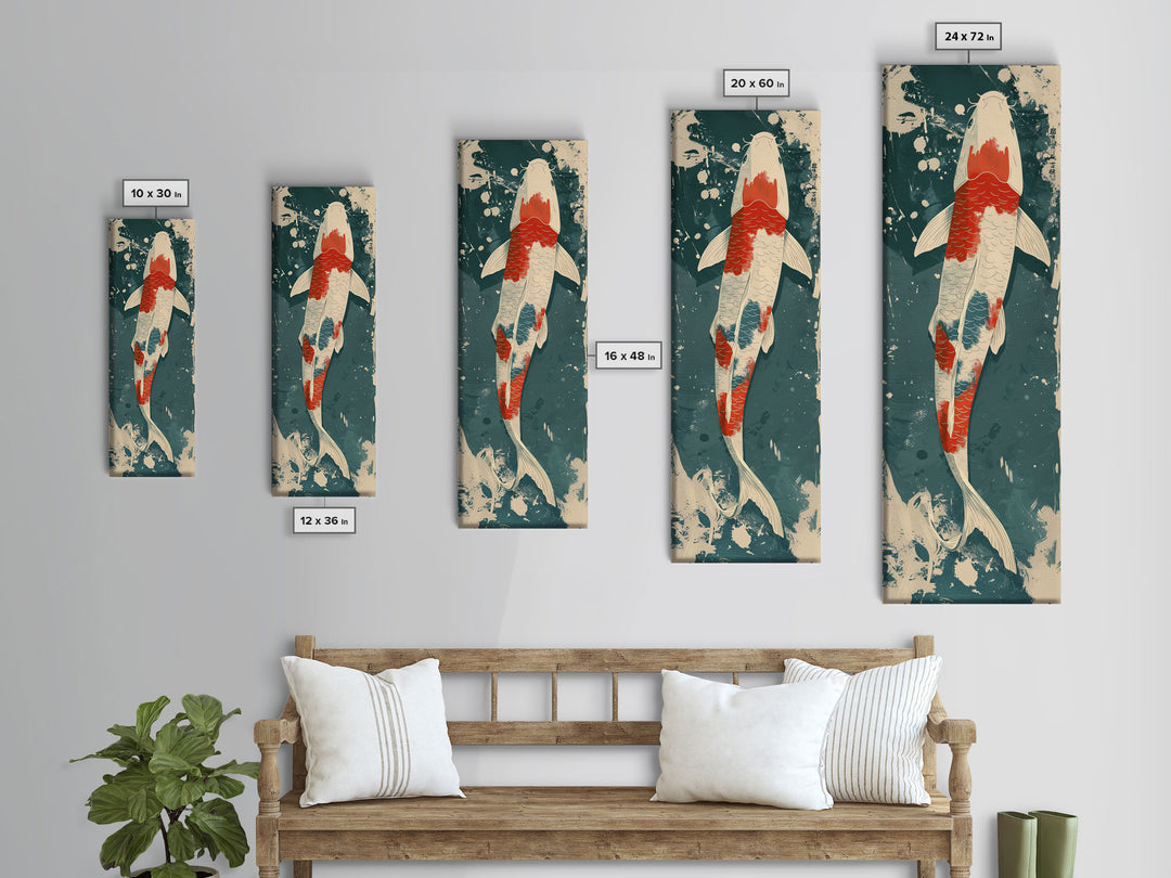 Serene Koi Fish Swimming in Deep Blue Water with Red Accents on Tall Vertical Japanese-Inspired Canvas Print