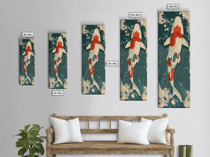 Serene Koi Fish Swimming in Deep Blue Water with Red Accents on Tall Vertical Japanese-Inspired Canvas Print