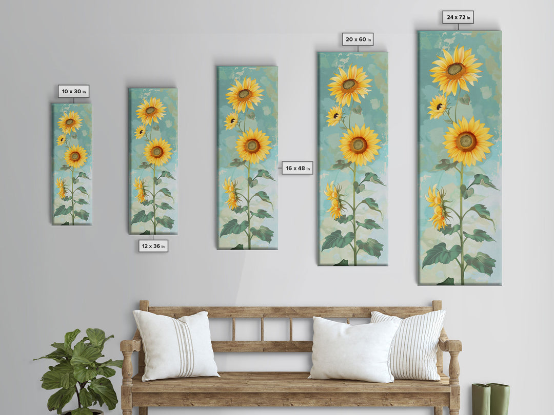 Japanese Skinny Art of Sunflowers with Golden Petals and Verdant Stems on a Pastel Blue Background – Framed Canvas Print