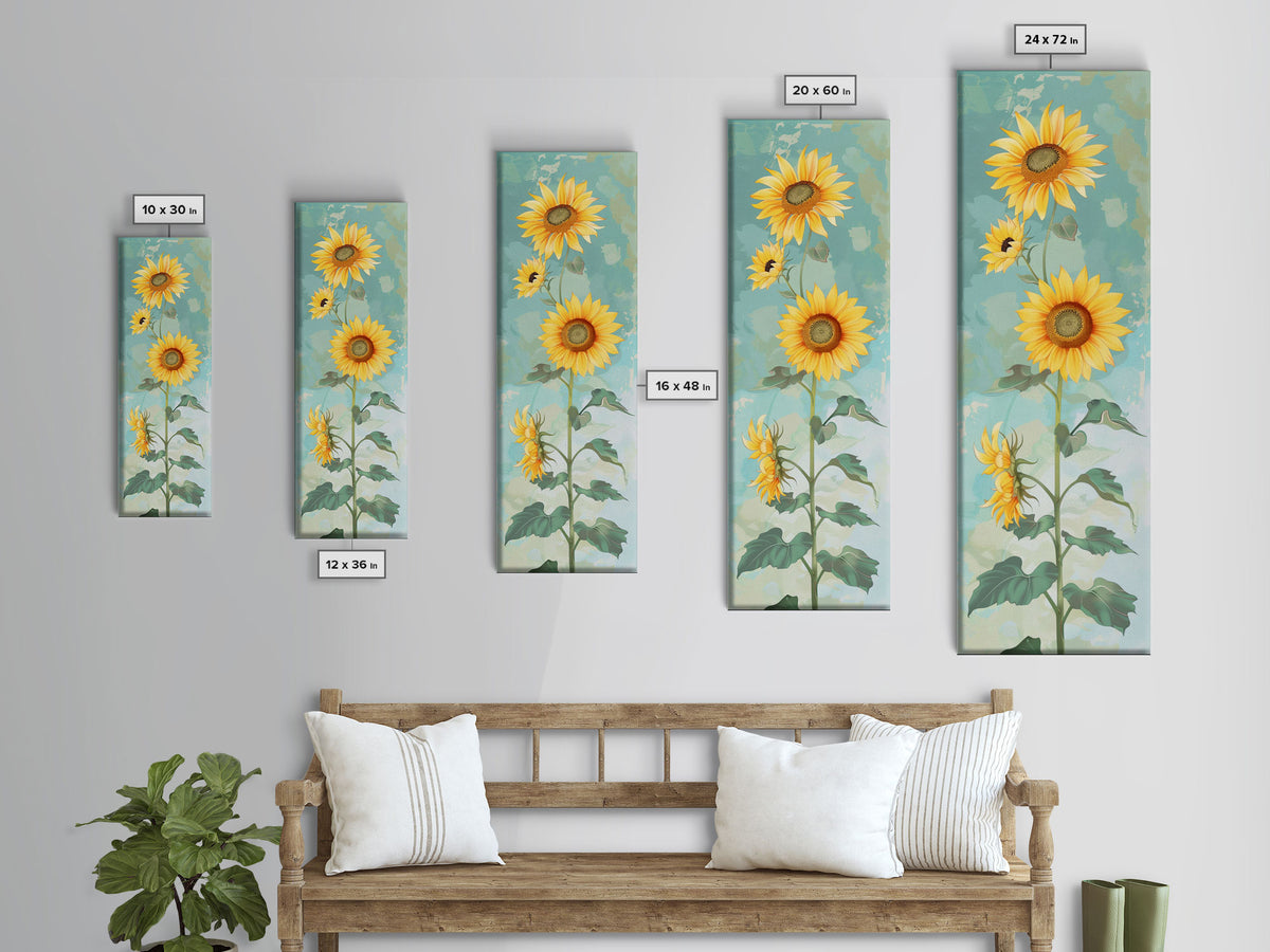 Japanese Skinny Art of Sunflowers with Golden Petals and Verdant Stems on a Pastel Blue Background – Framed Canvas Print