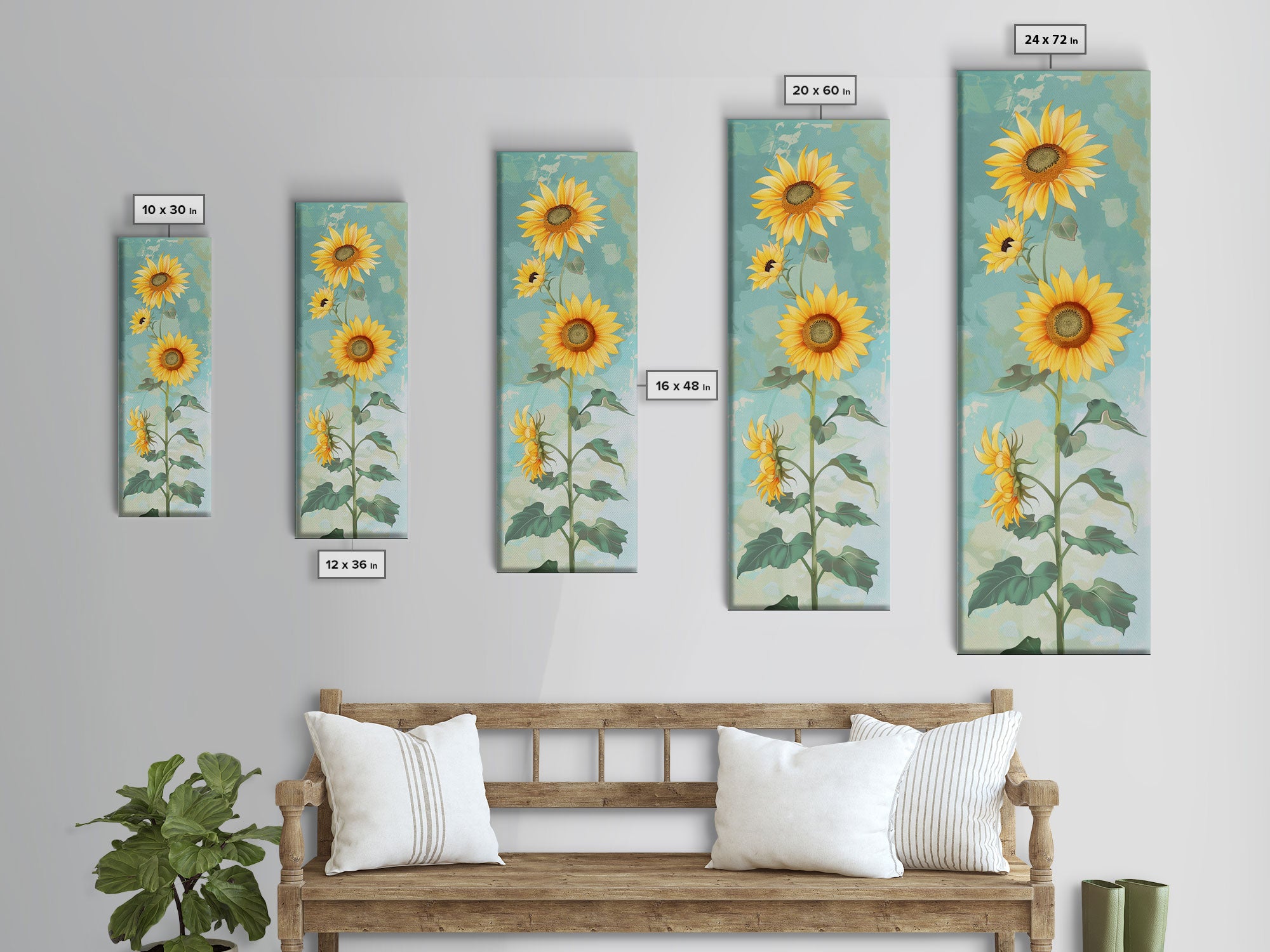 Japanese Skinny Art of Sunflowers with Golden Petals and Verdant Stems on a Pastel Blue Background – Framed Canvas Print