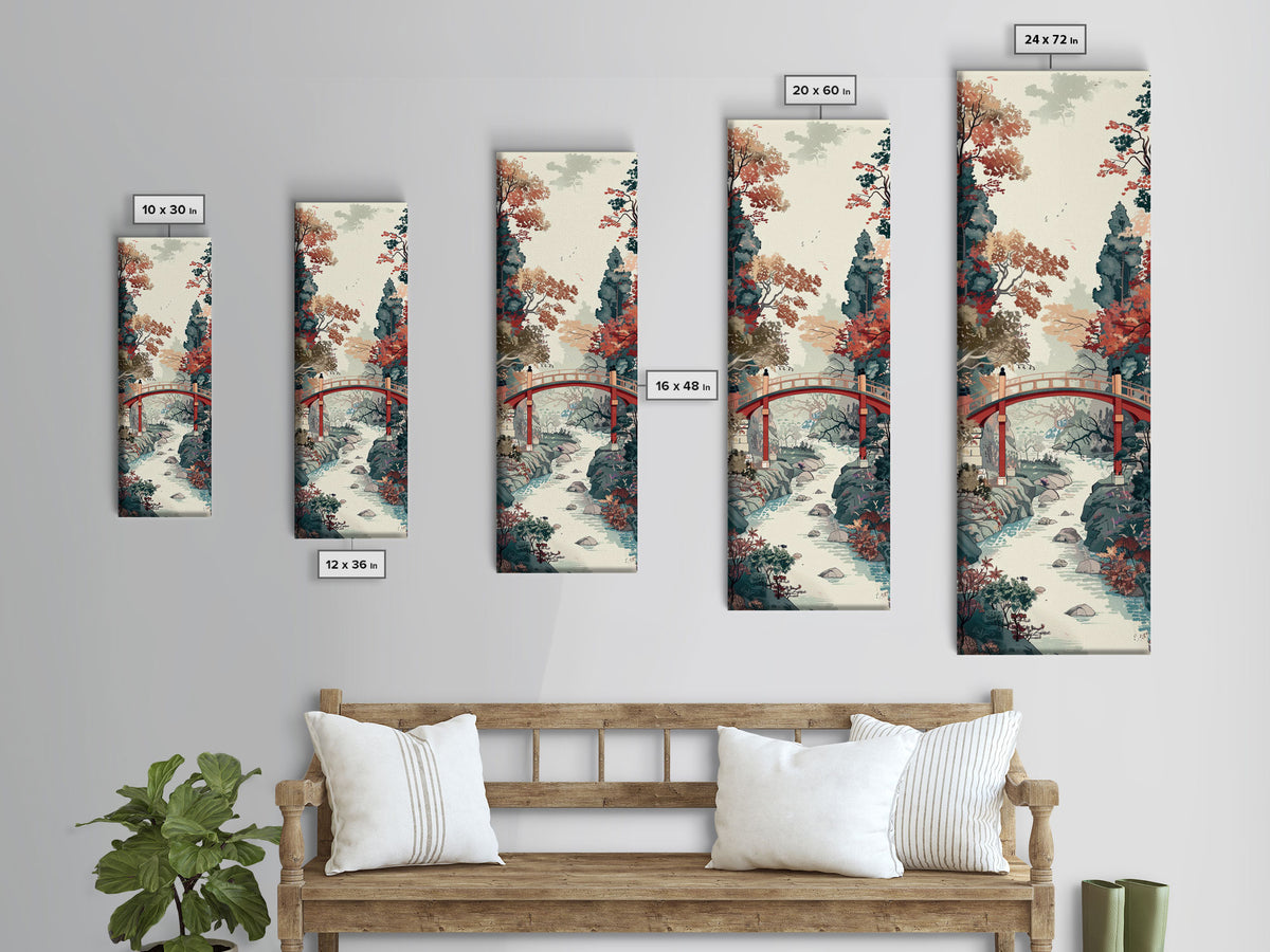 Traditional Japanese Skinny Art of Autumn Bridge in Serene Landscape with Fall Foliage – Framed Canvas Print