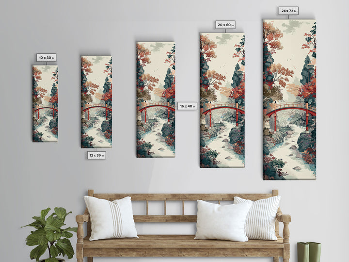 Traditional Japanese Skinny Art of Autumn Bridge in Serene Landscape with Fall Foliage – Framed Canvas Print