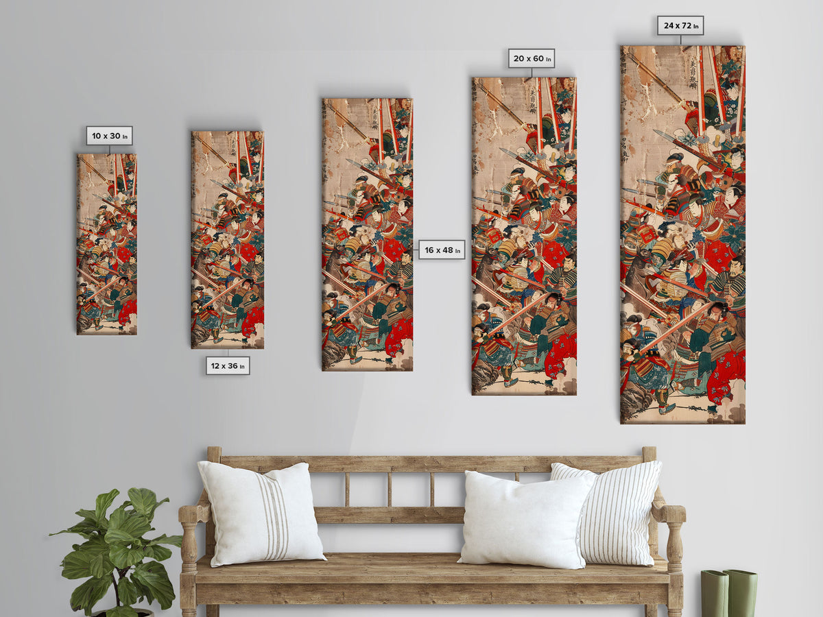 Samurai Warriors in Battle – Traditional Japanese Skinny Art with Historic Details – Framed Canvas Print