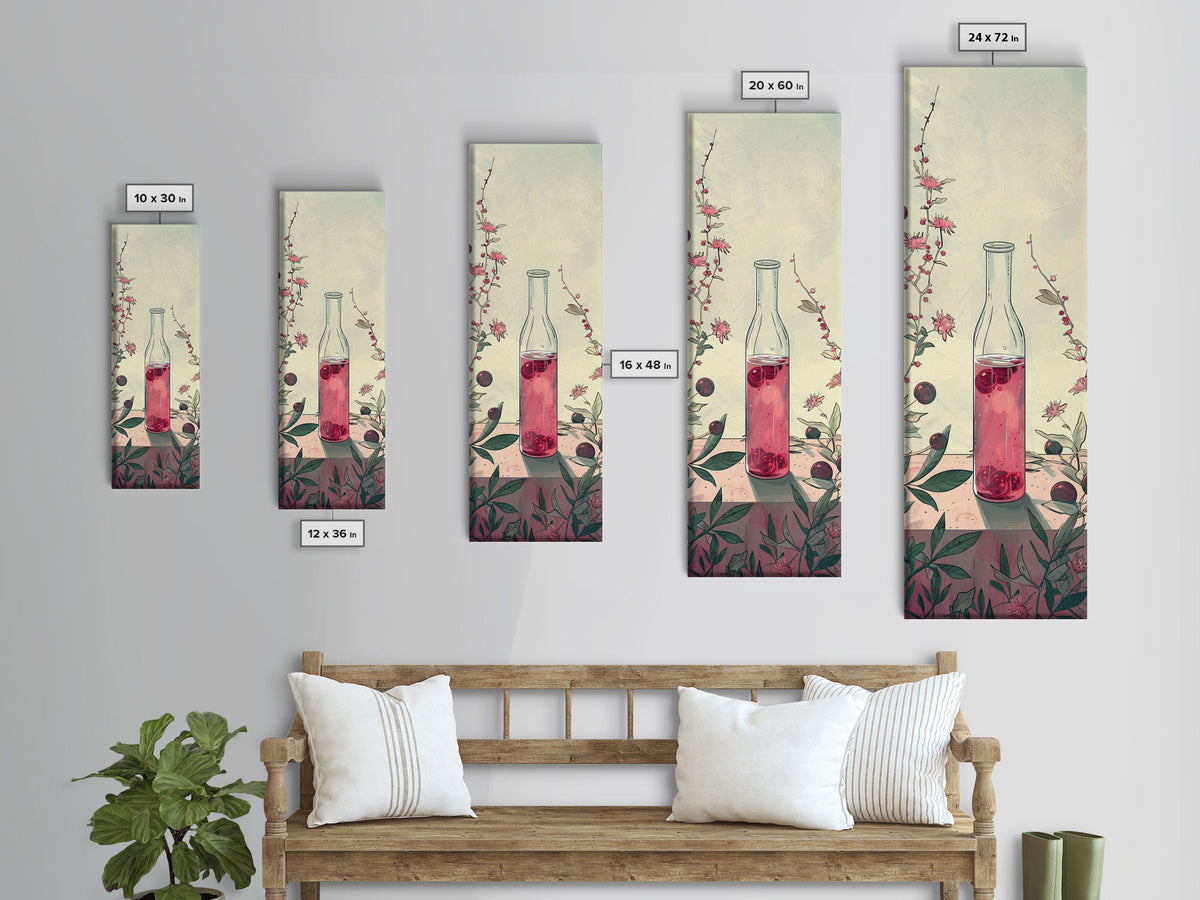 Skinny Art of Still Life with Elegant Glass Bottle and Floral Accents – Japanese-Inspired Framed Canvas Print