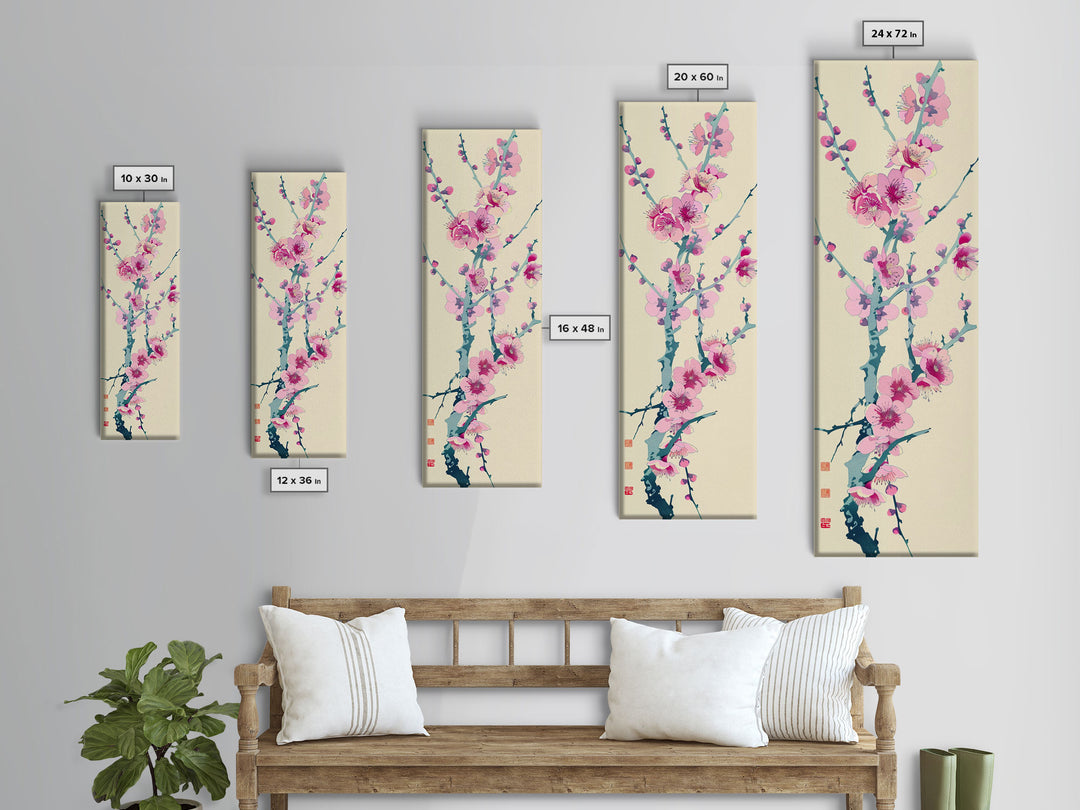 Plum Blossom Branch in Japanese Skinny Art with Delicate Pink Flowers – Framed Canvas Print