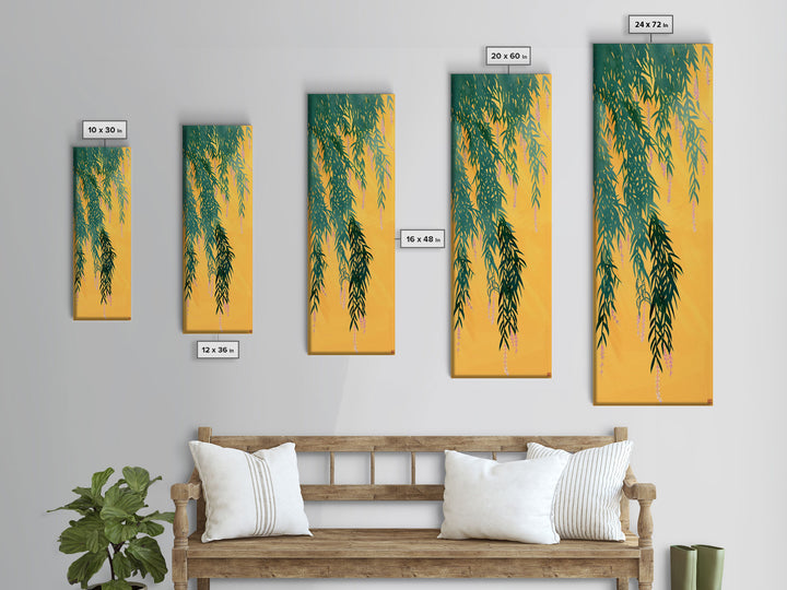Japanese Skinny Art of Wisteria Hanging Over a Golden Background – Framed Canvas Print