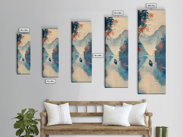 Serene Japanese Landscape Framed Canvas Print Featuring A Calm River Scene With Boat And Misty Mountains, Traditional Wall Art, Ready To Hang