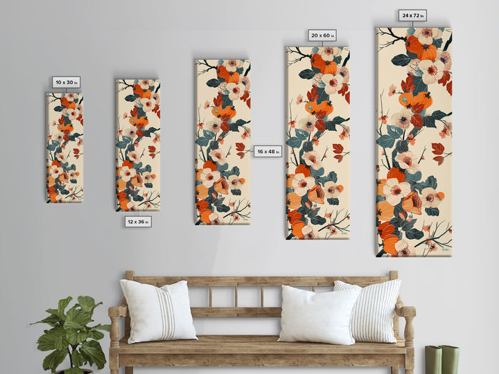Skinny Art of Persimmon Branch with Delicate White Flowers – Japanese-Inspired Framed Canvas Print