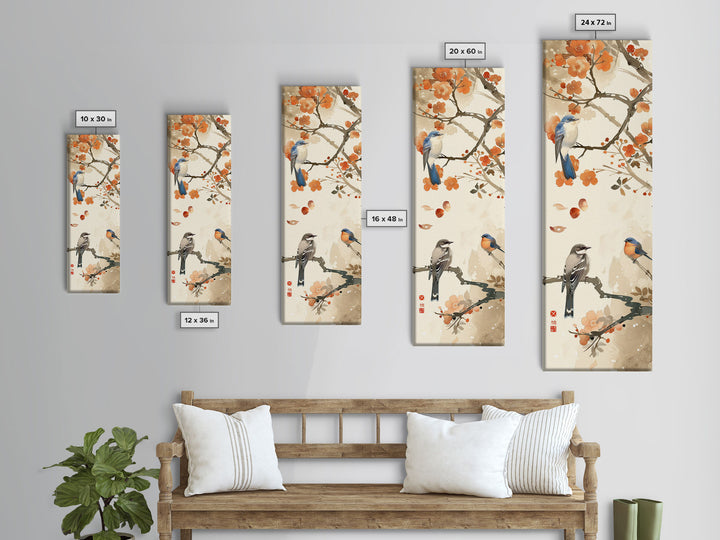 Japanese Art Inspired by Tranquil Birds and Blossoms, Framed Canvas Print for Tall Skinny Art Lovers in Ukiyo-e Style