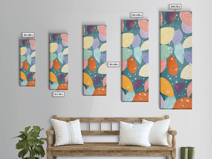 Floating Leaves in Soft Pastel Colors, Skinny Tall Art with Japanese Influence, Framed Canvas Print in Ukiyo-e Style