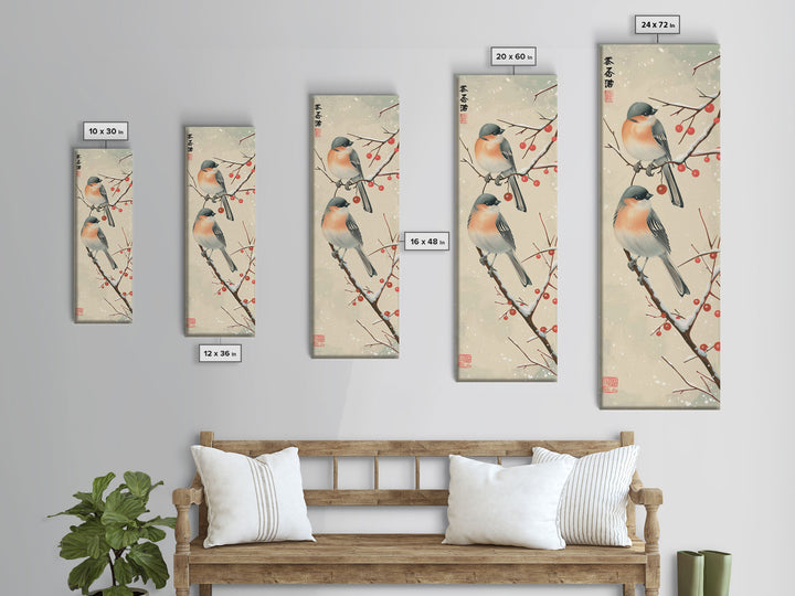 Pair of Birds on Snowy Branches, Japanese Art Framed Canvas Print, Tall and Skinny Wall Art in Ukiyo-e Style