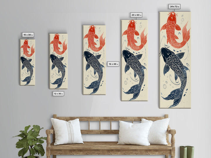 Elegant Koi Fish in Minimalist Japanese Art Style, Tall and Skinny Framed Canvas Print for Ukiyo-e Art Lovers