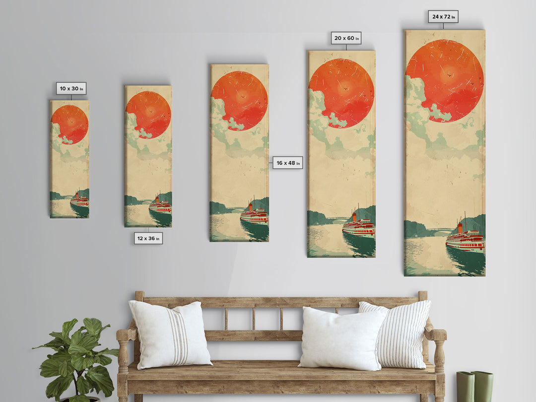 Large Red Sun Over River, Japanese Art Inspired by Ukiyo-e, Framed Canvas Print for Tall Skinny Wall Spaces