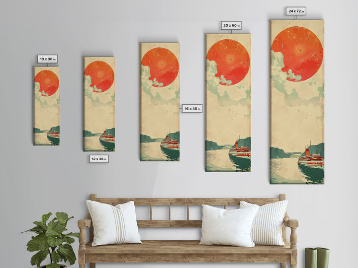 Large Red Sun Over River, Japanese Art Inspired by Ukiyo-e, Framed Canvas Print for Tall Skinny Wall Spaces